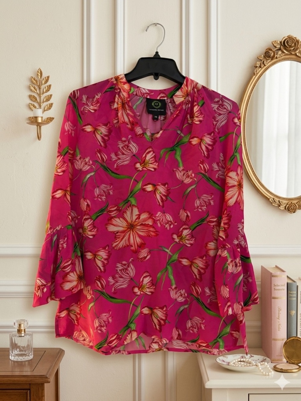 Catherine Prevost 100% silk Floral V-Neck Bell Sleeve Blouse - Pink
